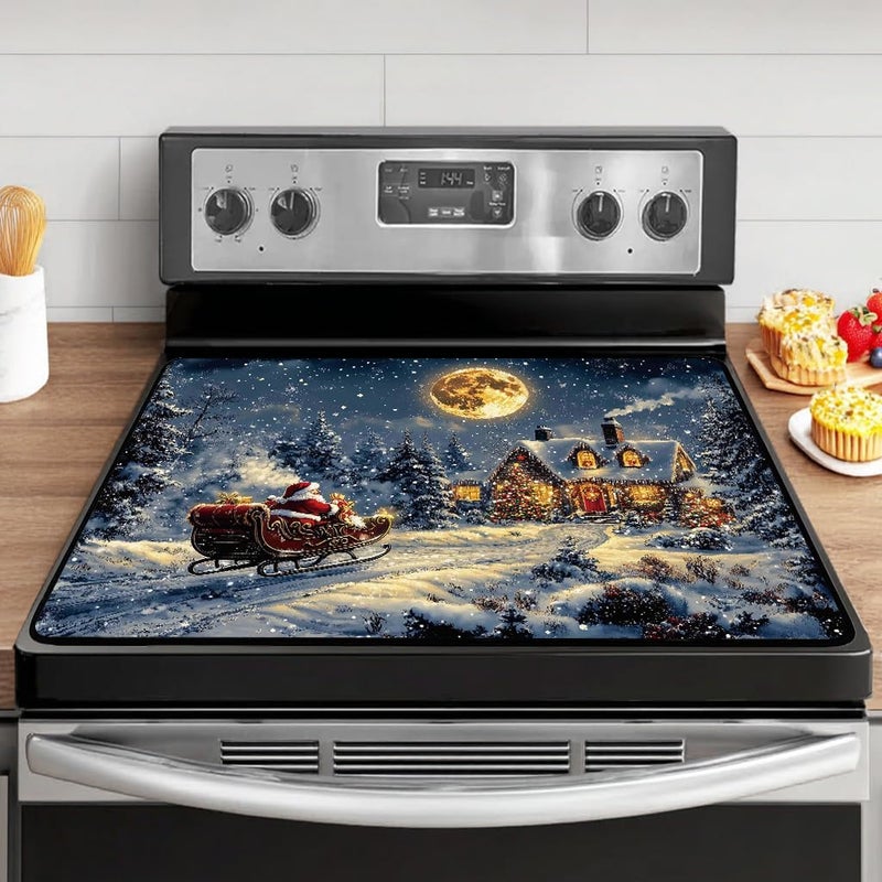 WRTCPOC Santa Claus Sled Electric Stove Top Cover Protector,Heat-Resistant Oven Induction Cooktop Mat,Washer Top Protector,Christmas Eve Glass Cooktop Protector 28.5”x 20.5” - Image 1